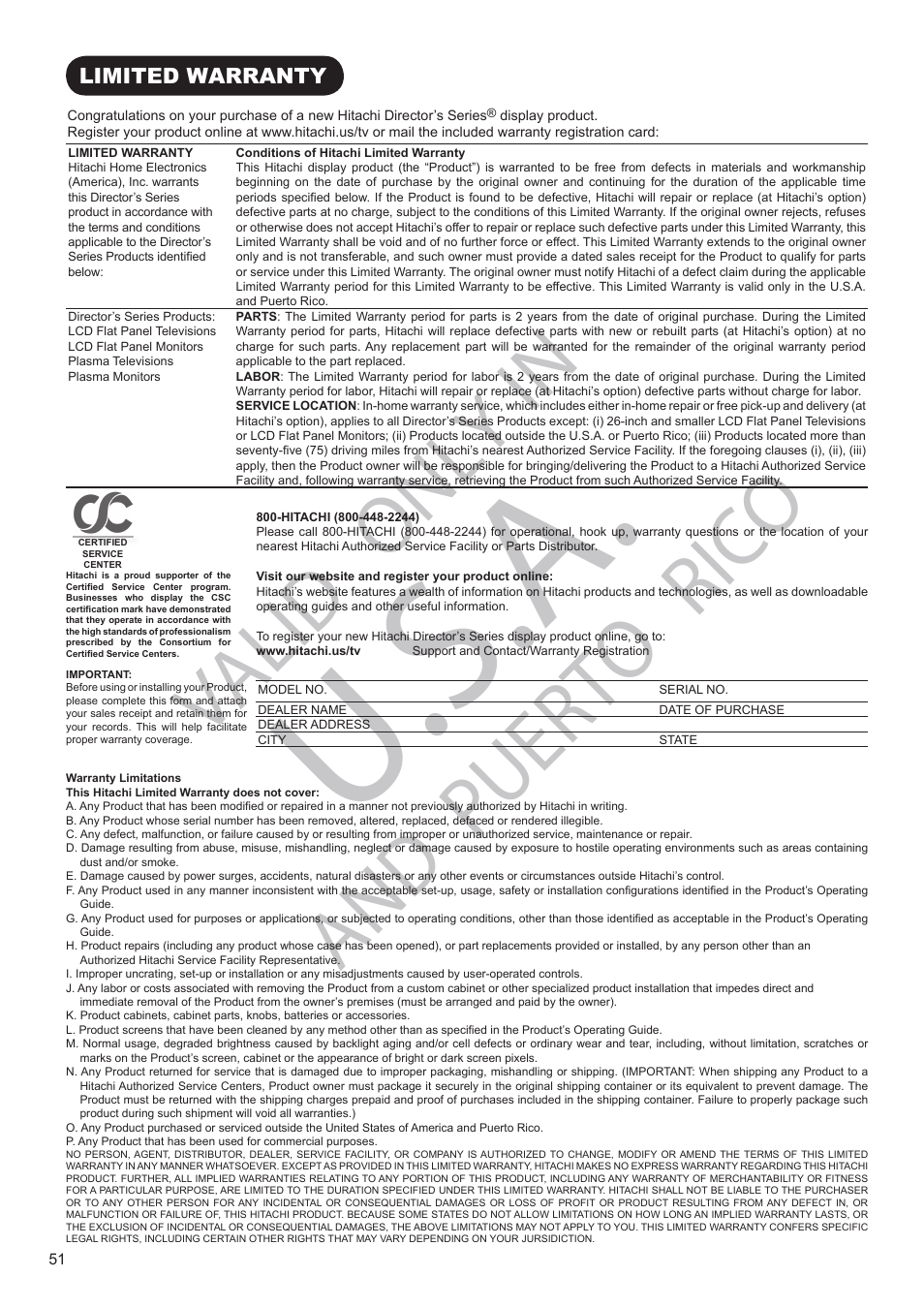 U.s.a, Puerto, Alid | Rico | Hitachi UT32A302 User Manual | Page 52 / 53