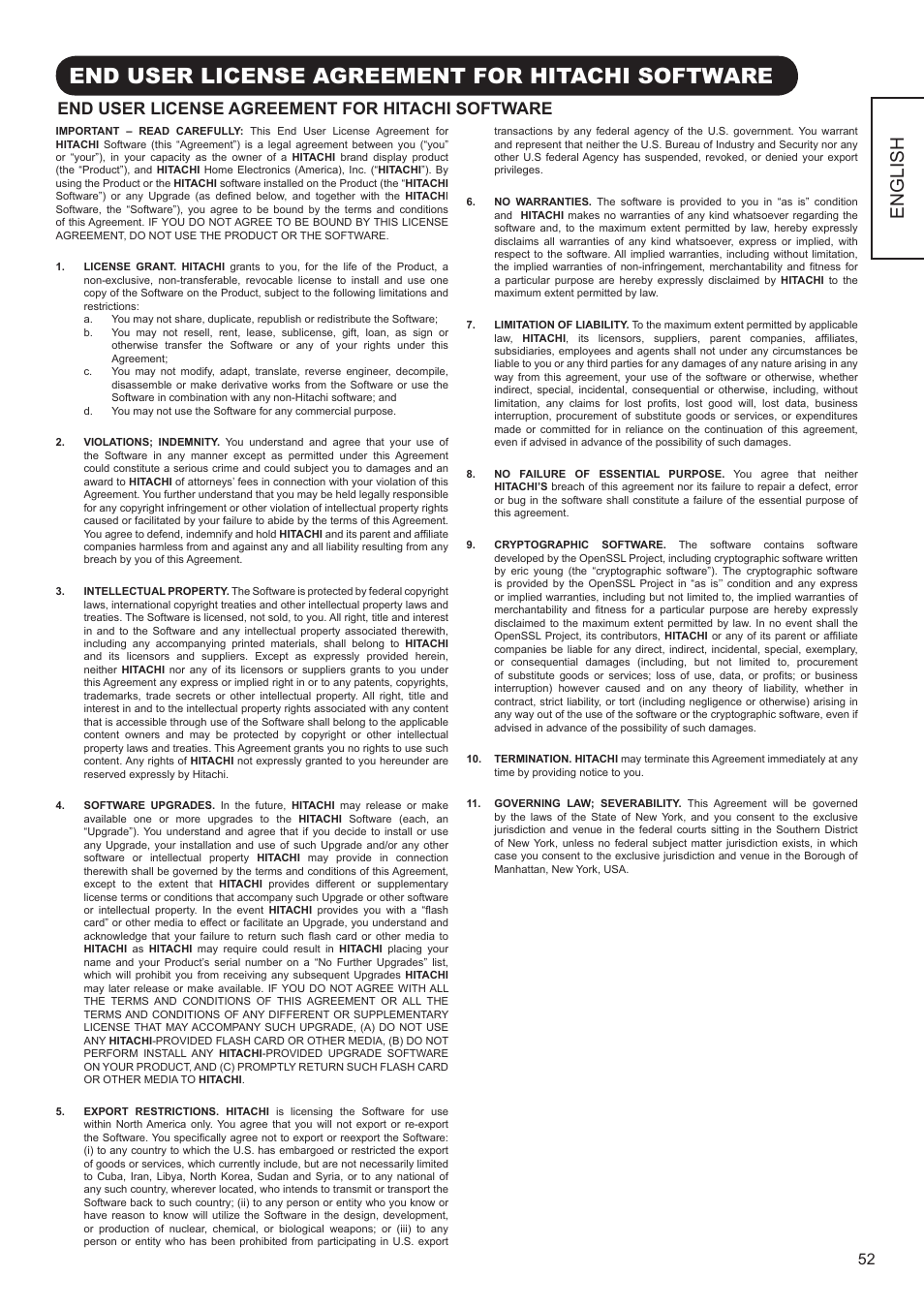 End user license agreement for hitachi software, English | Hitachi UT32A302 User Manual | Page 53 / 53
