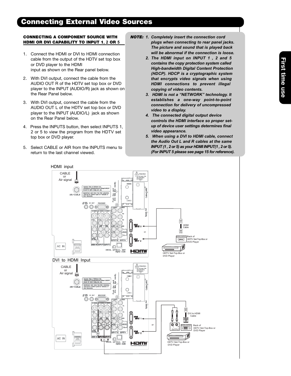 Connecting external video sources, First time use, Hdmi input dvi to hdmi input | Hitachi 55HDT79 42HDX99 User Manual | Page 19 / 104