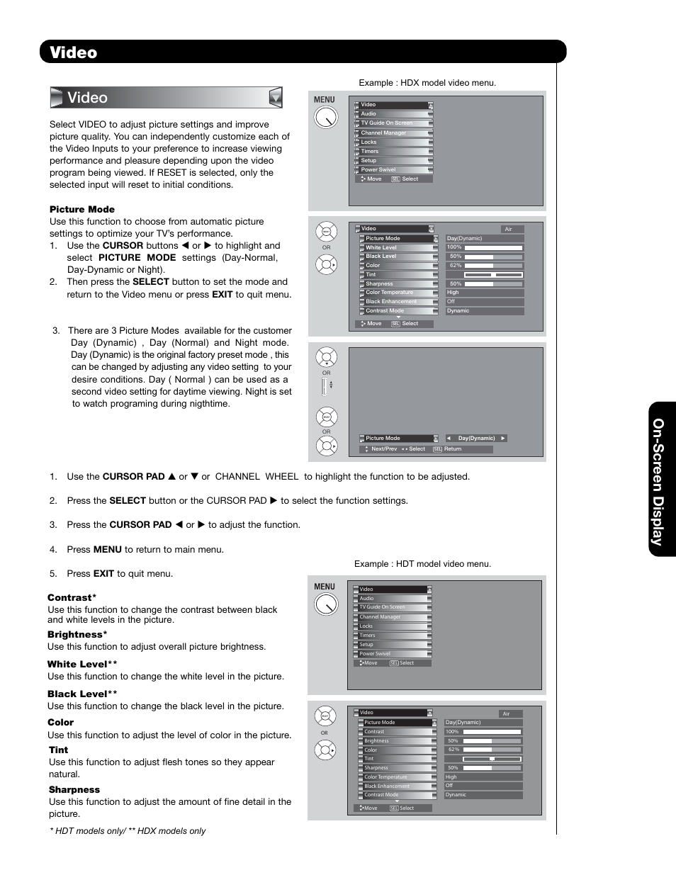 Video, On-scr een display | Hitachi 55HDT79 42HDX99 User Manual | Page 47 / 104