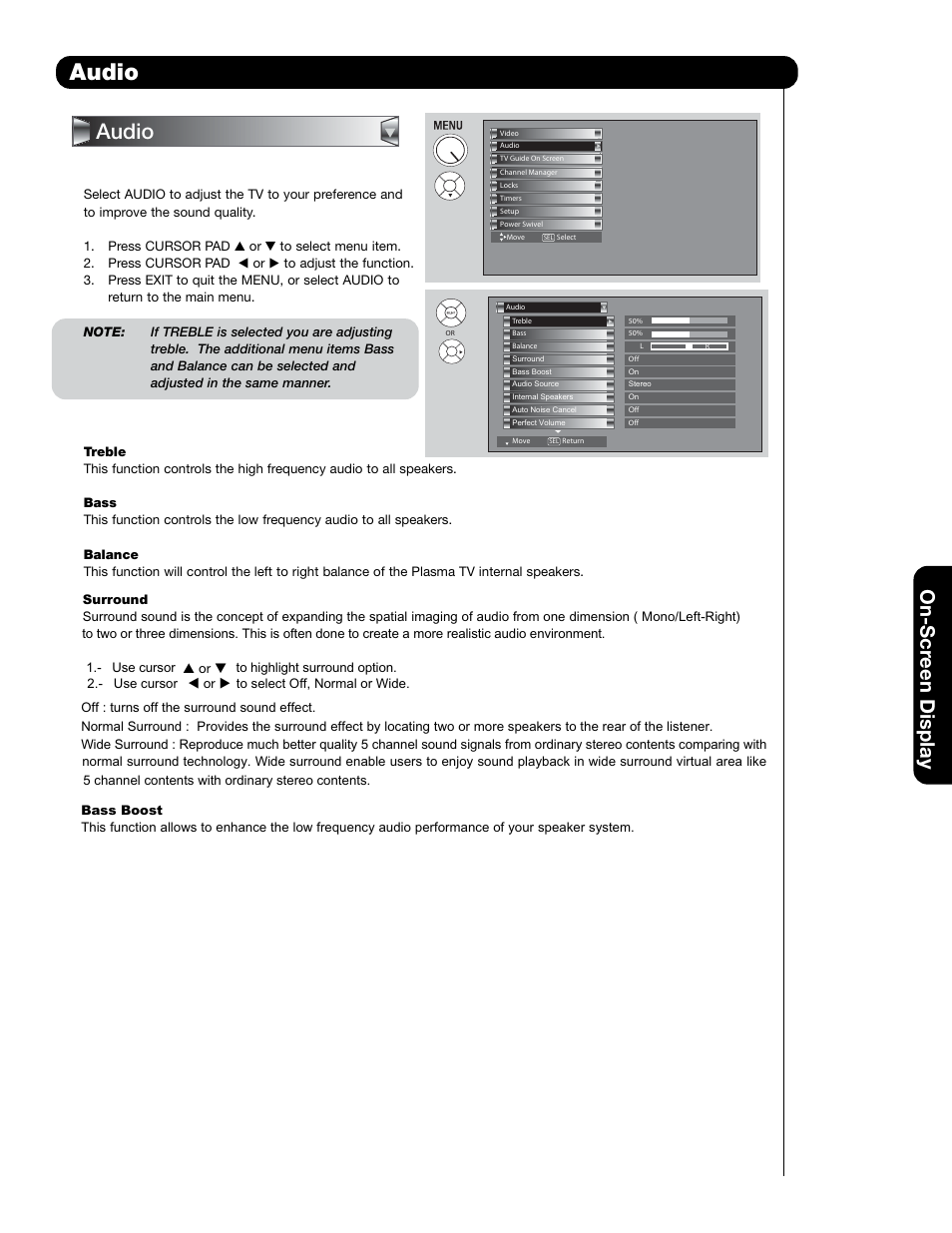 Audio, On-scr een display | Hitachi 55HDT79 42HDX99 User Manual | Page 51 / 104