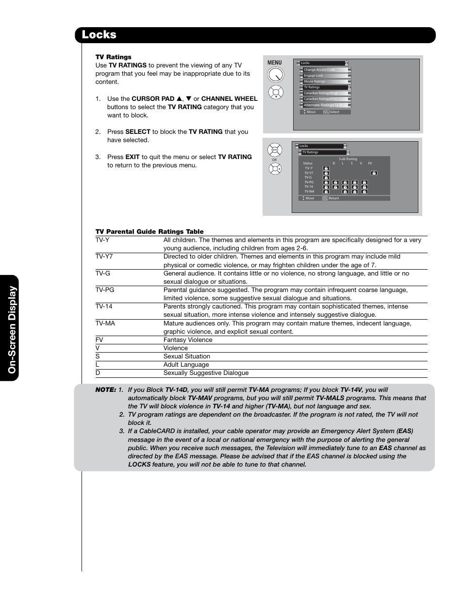 Locks, On-scr een display | Hitachi 55HDT79 42HDX99 User Manual | Page 60 / 104