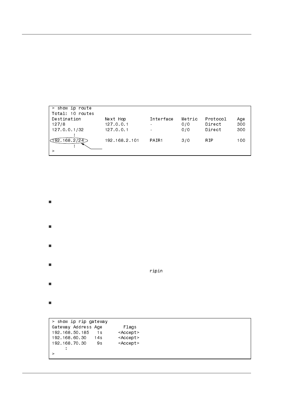 3 confirmation of ipv4 unicast routing information, 1 confirming the route to destination address, 2 confirming the gateway information of rip | 1 confirming the route to destination address -18, 2 confirming the gateway information of rip -18 | Hitachi GR2000 Series User Manual | Page 118 / 328