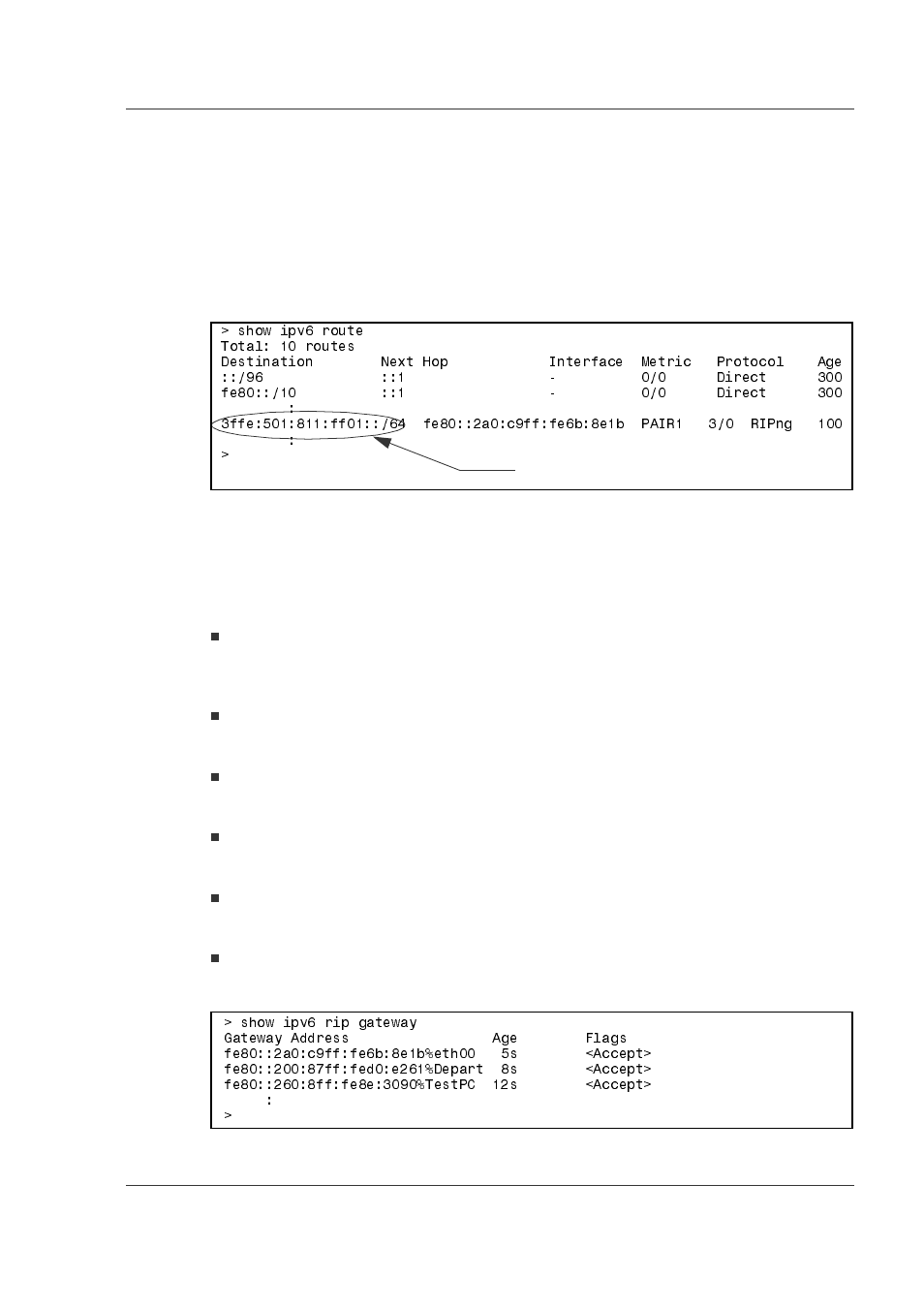 6 confirmation of ipv6 unicast routing information, 1 confirming the route to destination address, 2 confirming the gateway information of ripng | 1 confirming the route to destination address -37, 2 confirming the gateway information of ripng -37 | Hitachi GR2000 Series User Manual | Page 137 / 328