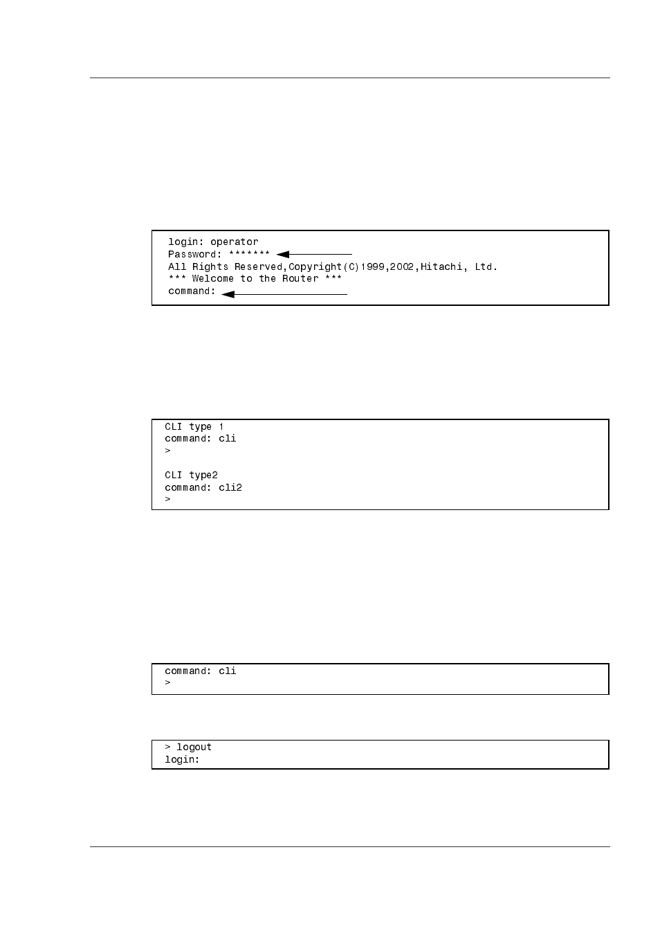 2 operation using the command line interface (cli), 1 login, 2 cli actuation | 3 cli termination, 1 login -3, 2 cli actuation -3, 3 cli termination -3 | Hitachi GR2000 Series User Manual | Page 65 / 328
