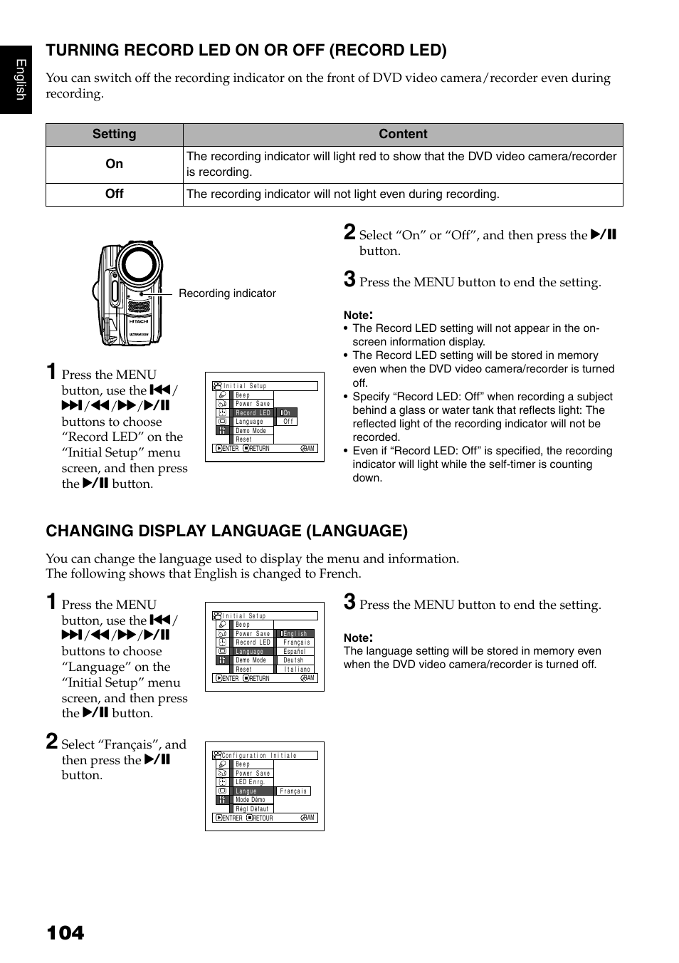 Turning record led on or off (record led), Changing display language (language) | Hitachi DZMV750MA User Manual | Page 104 / 200