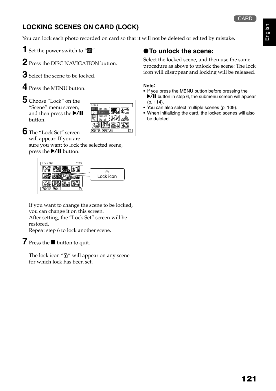 Locking scenes on card (lock) | Hitachi DZMV750MA User Manual | Page 121 / 200
