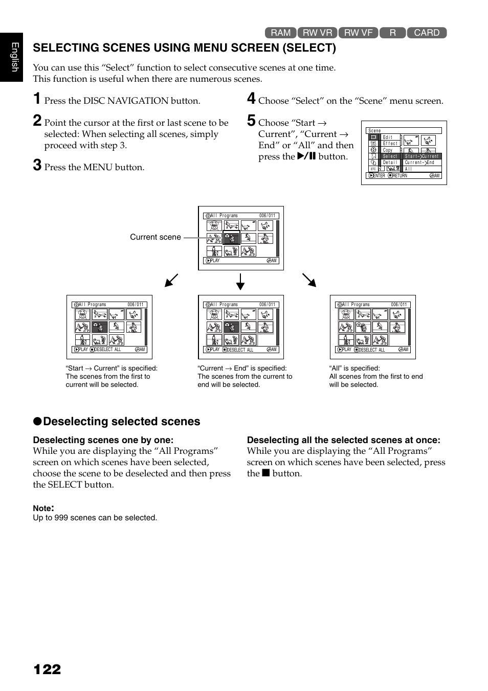 Selecting scenes using menu screen (select), Deselecting selected scenes | Hitachi DZMV750MA User Manual | Page 122 / 200