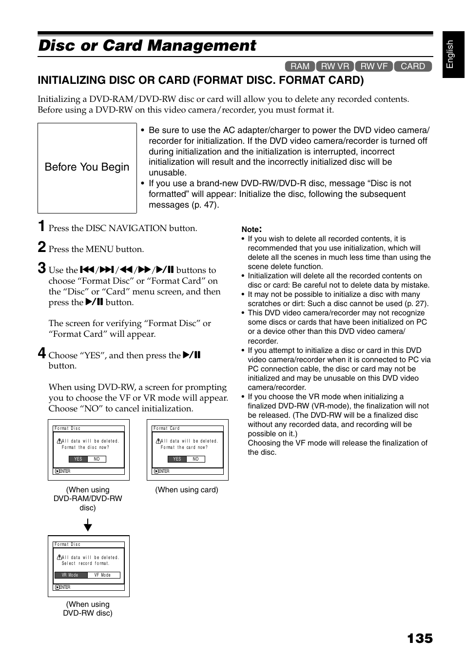 Disc or card management, Before you begin | Hitachi DZMV750MA User Manual | Page 135 / 200