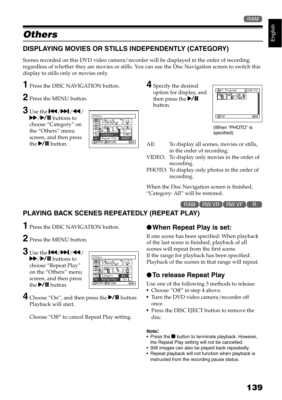 Others, Playing back scenes repeatedly (repeat play), When repeat play is set | Hitachi DZMV750MA User Manual | Page 139 / 200