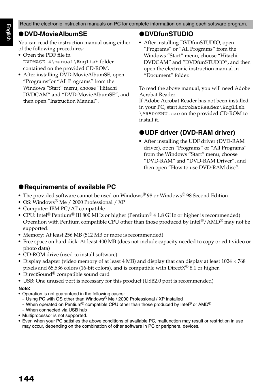 Dvd-moviealbumse, Dvdfunstudio, Udf driver (dvd-ram driver) | Requirements of available pc | Hitachi DZMV750MA User Manual | Page 144 / 200