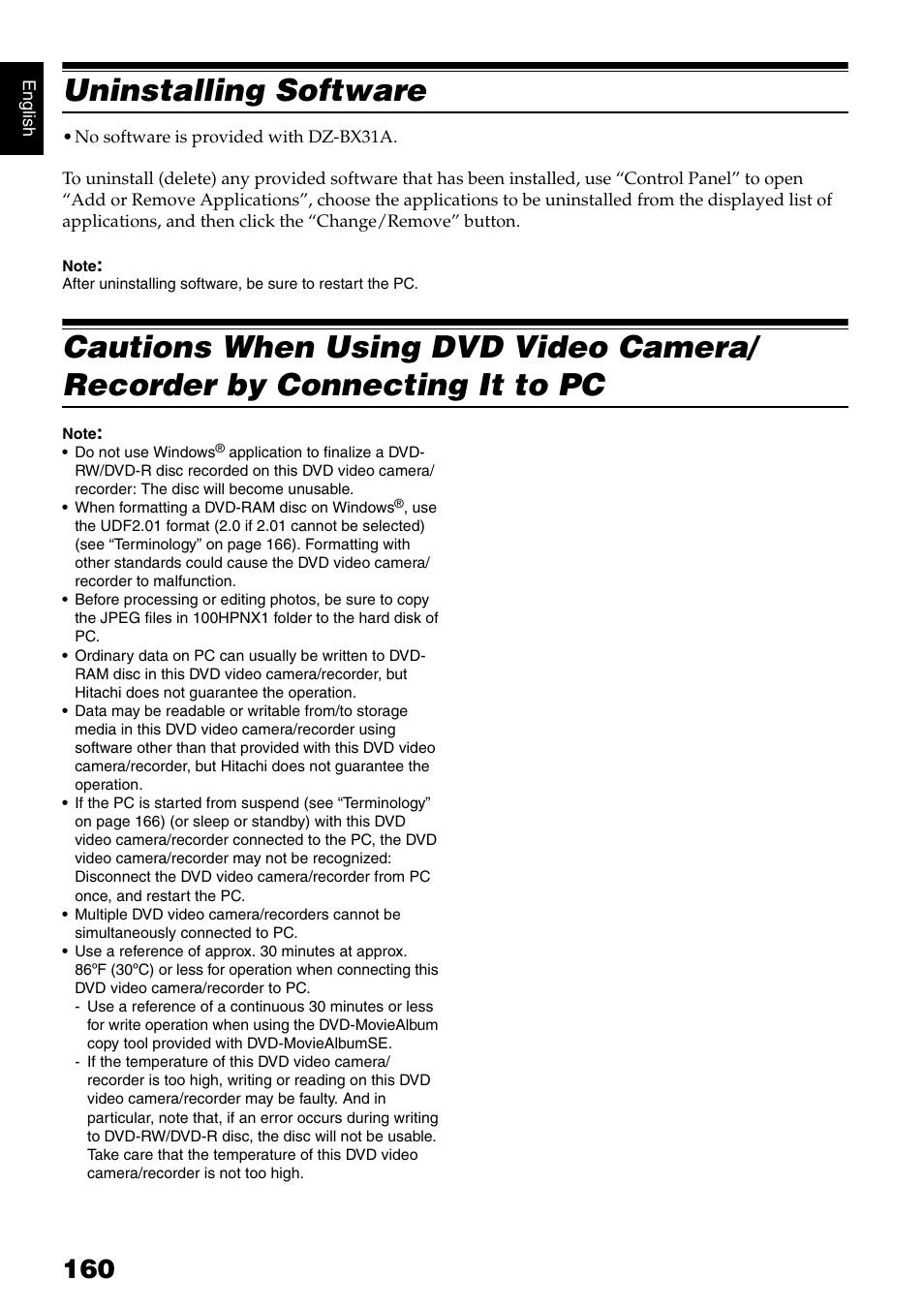 Uninstalling software | Hitachi DZMV750MA User Manual | Page 160 / 200