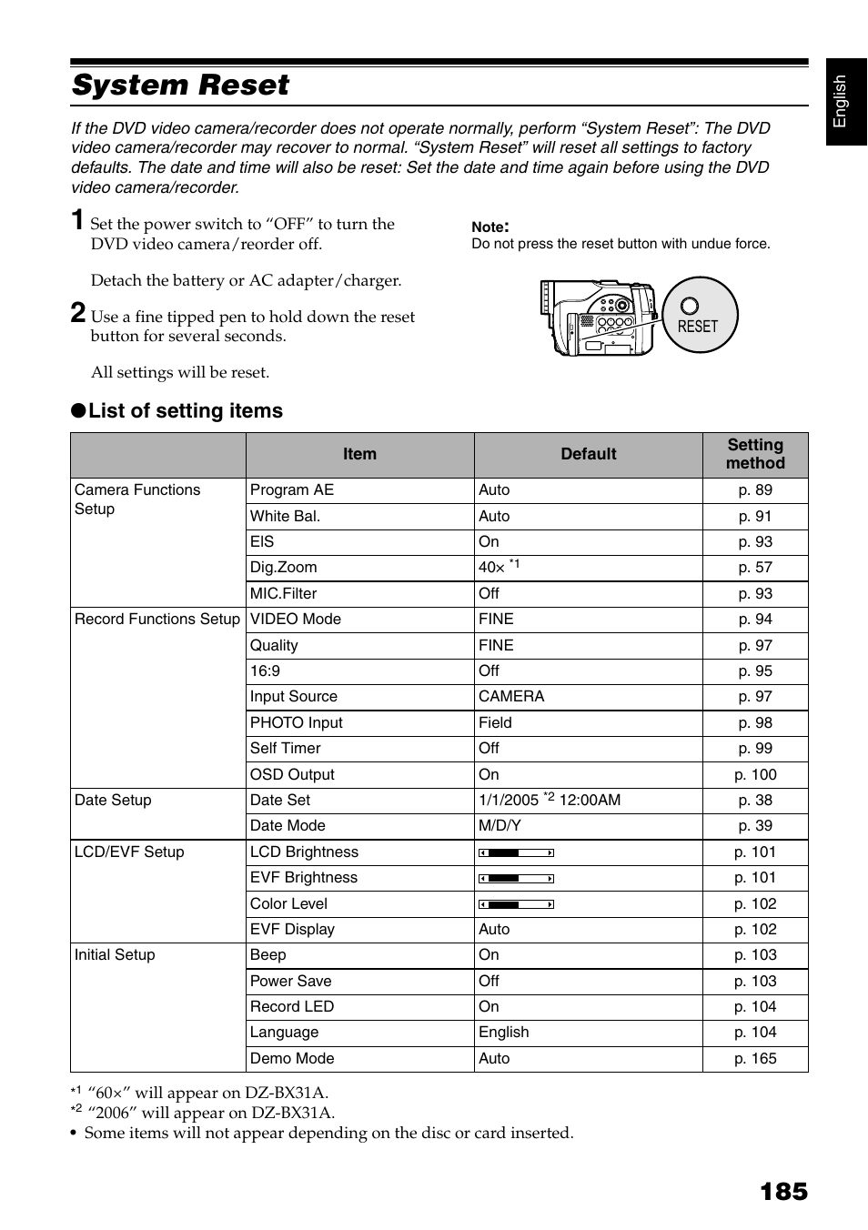 System reset, List of setting items | Hitachi DZMV750MA User Manual | Page 185 / 200