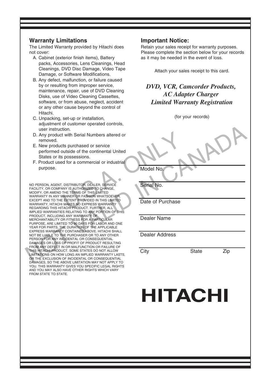 U.s .a. only not valid in canada, Hitachi | Hitachi DZMV750MA User Manual | Page 193 / 200