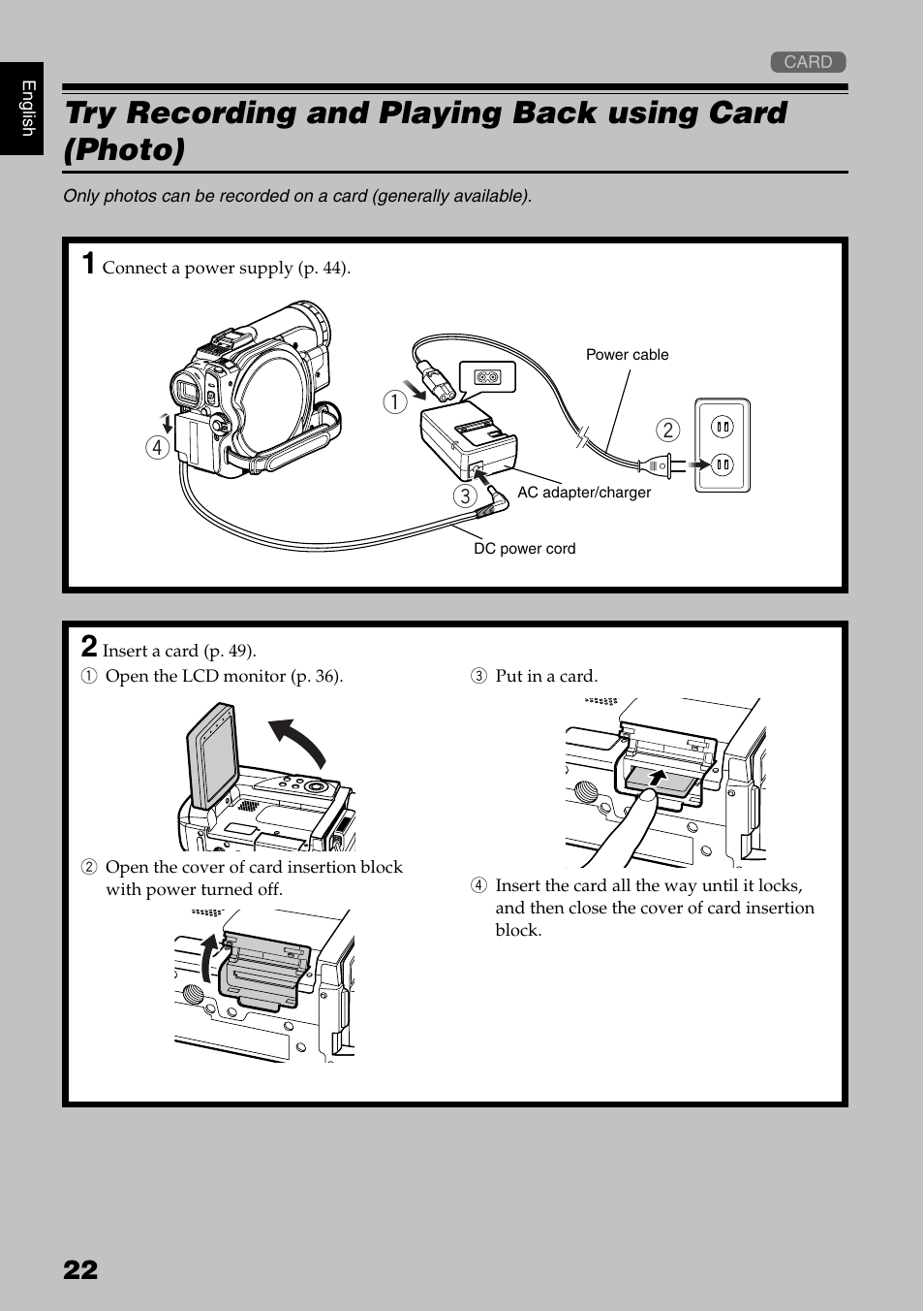 Try recording and playing back using card (photo) | Hitachi DZMV750MA User Manual | Page 22 / 200