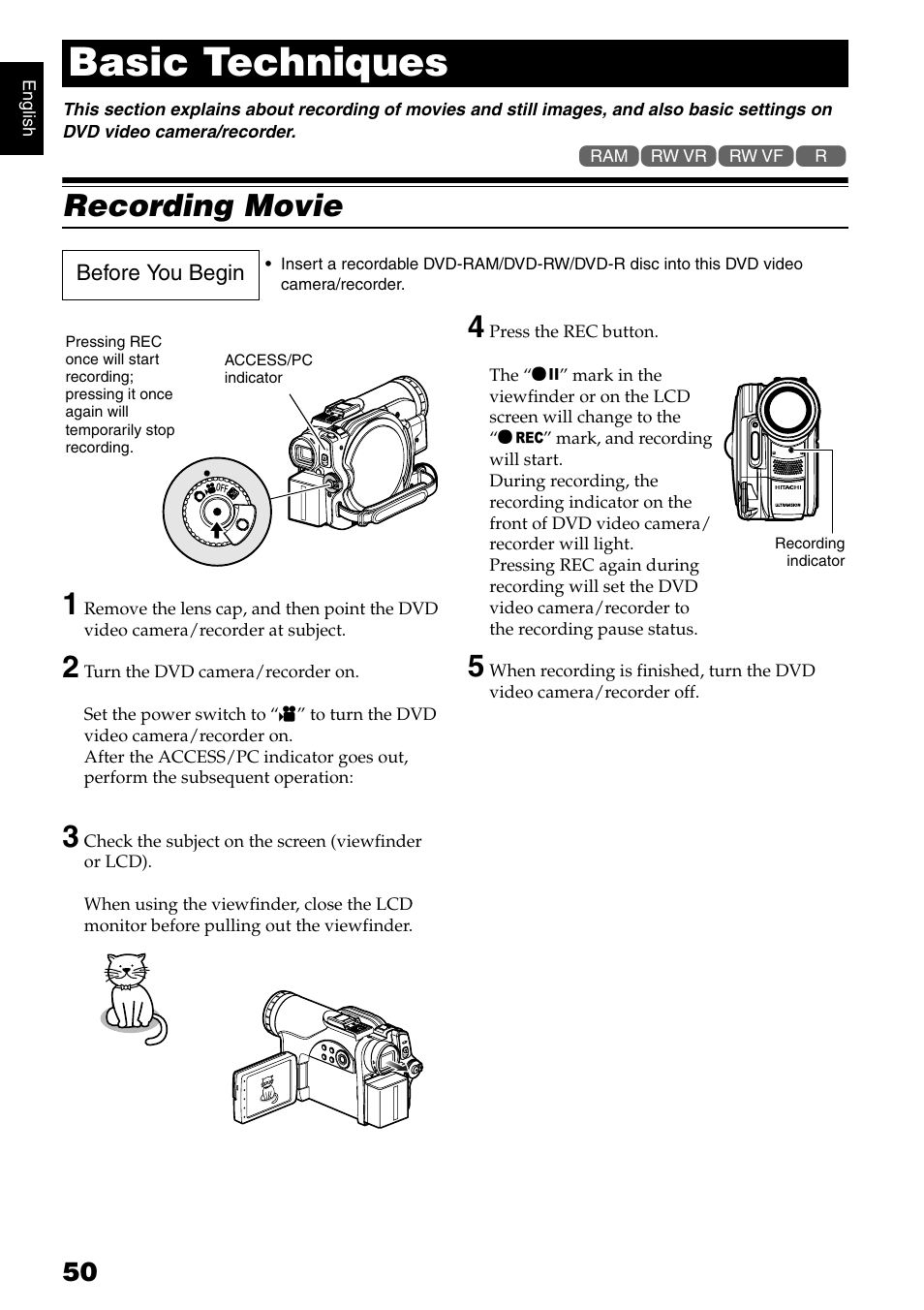 Basic techniques, Recording movie 1 | Hitachi DZMV750MA User Manual | Page 50 / 200