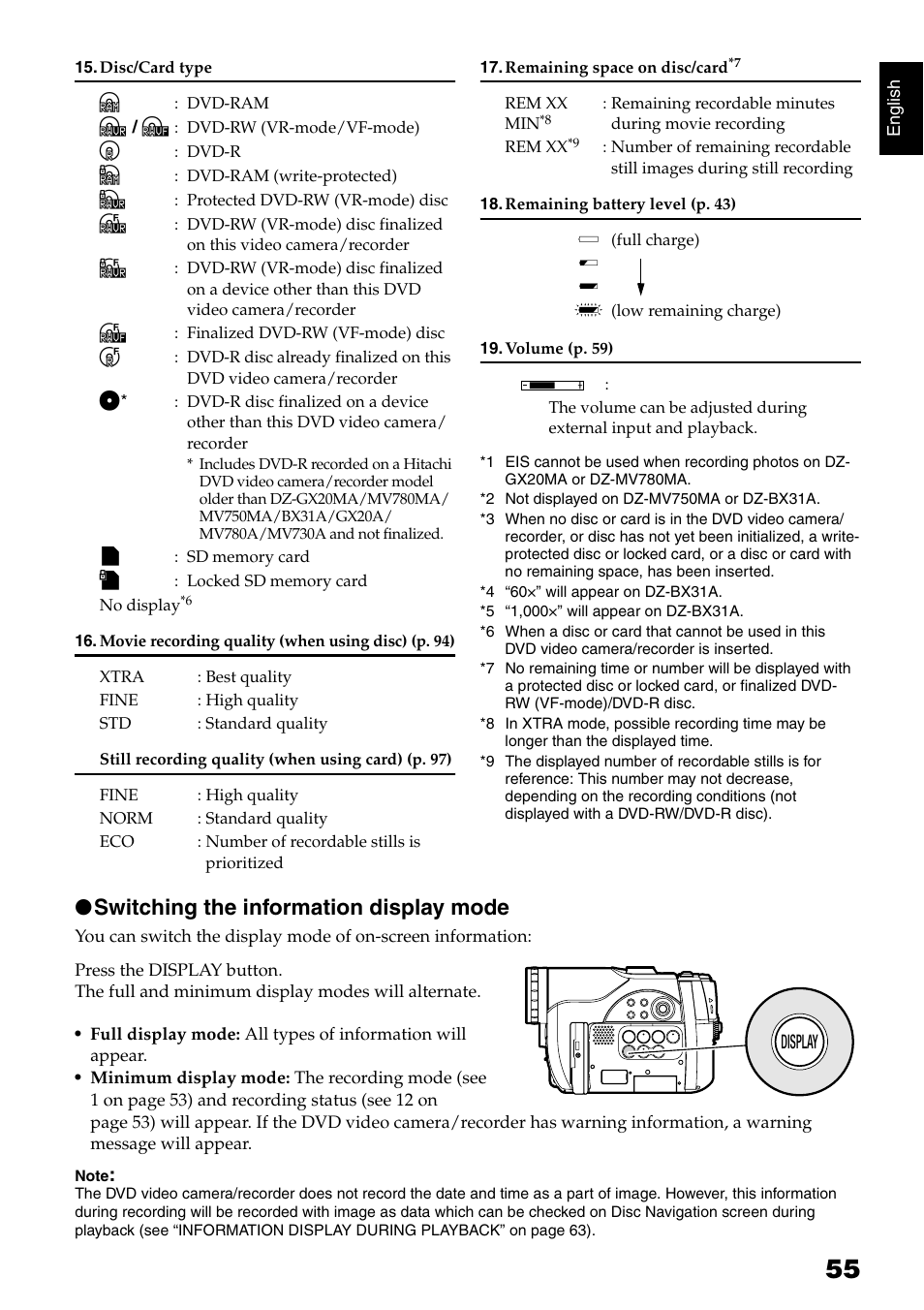 Switching the information display mode | Hitachi DZMV750MA User Manual | Page 55 / 200