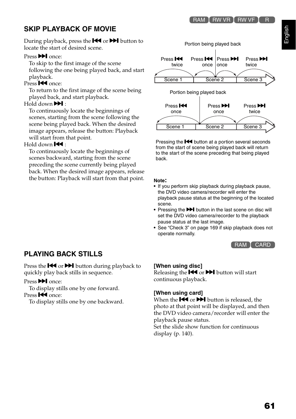 Skip playback of movie, Playing back stills | Hitachi DZMV750MA User Manual | Page 61 / 200