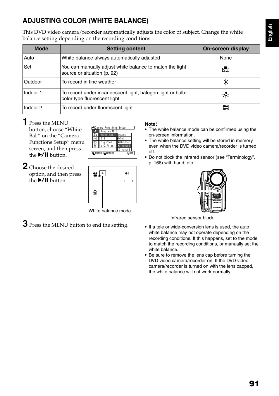 Adjusting color (white balance) | Hitachi DZMV750MA User Manual | Page 91 / 200