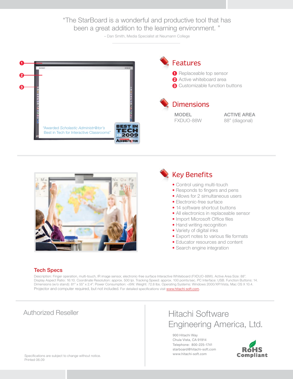 Hitachi software engineering america, ltd, Features, Dimensions | Key benefits | Hitachi StarBoard FXDUO-88W User Manual | Page 2 / 2