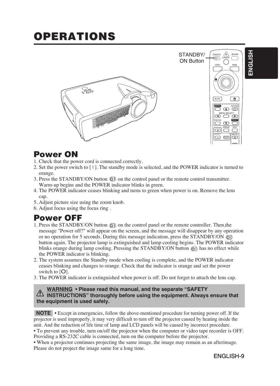 Operations, Power on, Power off | English-9 english english-9 | Hitachi CP-S420WA User Manual | Page 10 / 39
