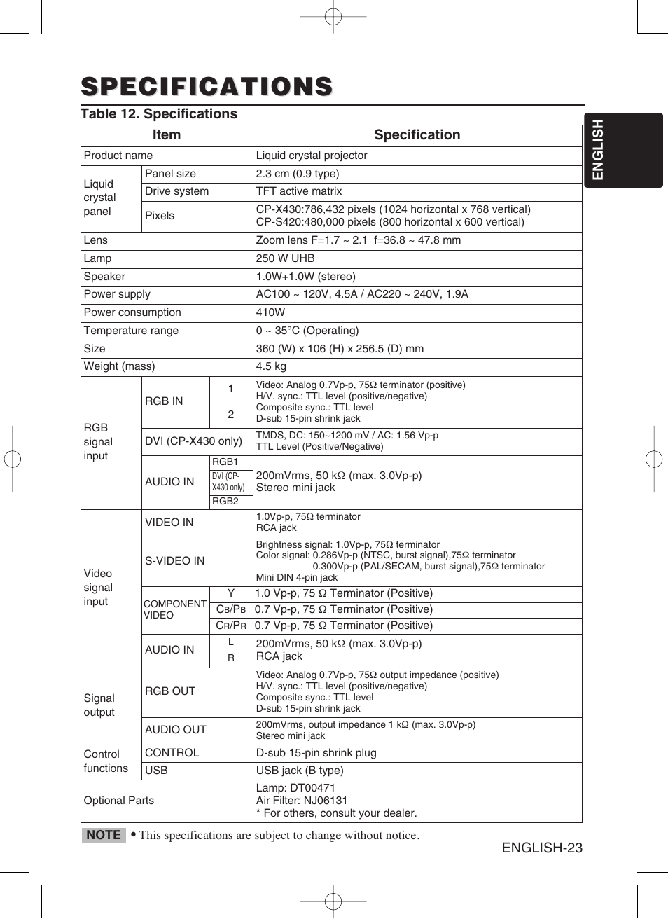 Specifications, English english-23, Table 12. specifications | Item specification | Hitachi CP-S420WA User Manual | Page 24 / 39