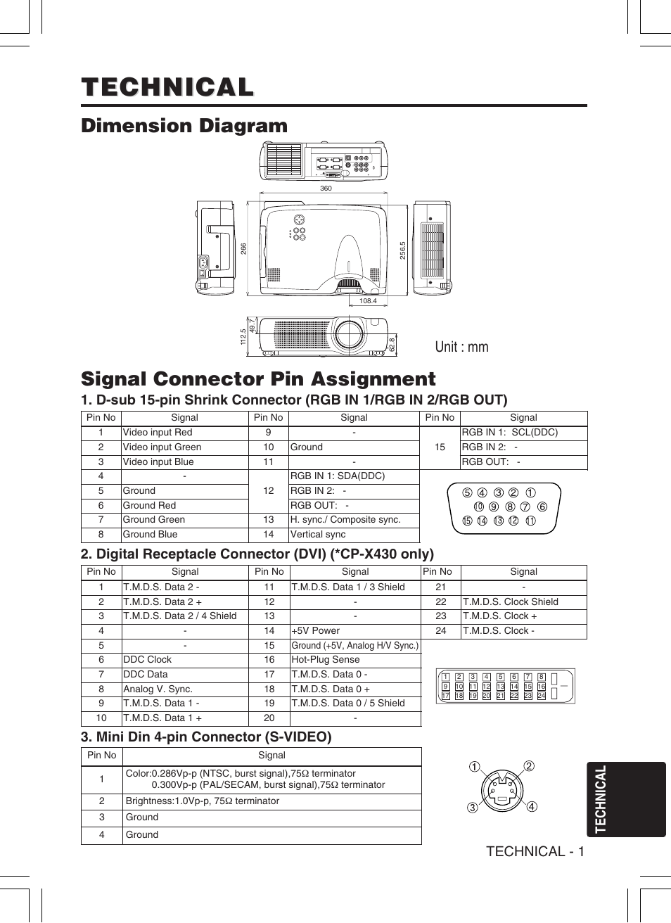 Technical, Dimension diagram, Signal connector pin assignment | Unit : mm, Technical - 1, Mini din 4-pin connector (s-video), Digital receptacle connector (dvi) (*cp-x430 only) | Hitachi CP-S420WA User Manual | Page 26 / 39