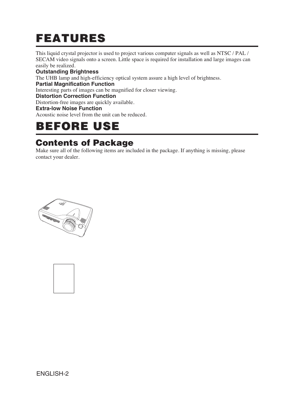 Features, Before use | Hitachi CP-S420WA User Manual | Page 3 / 39
