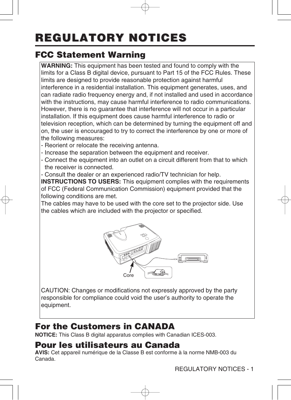 Regulatory notices, Fcc statement warning for the customers in canada, Pour les utilisateurs au canada | Hitachi CP-S420WA User Manual | Page 38 / 39