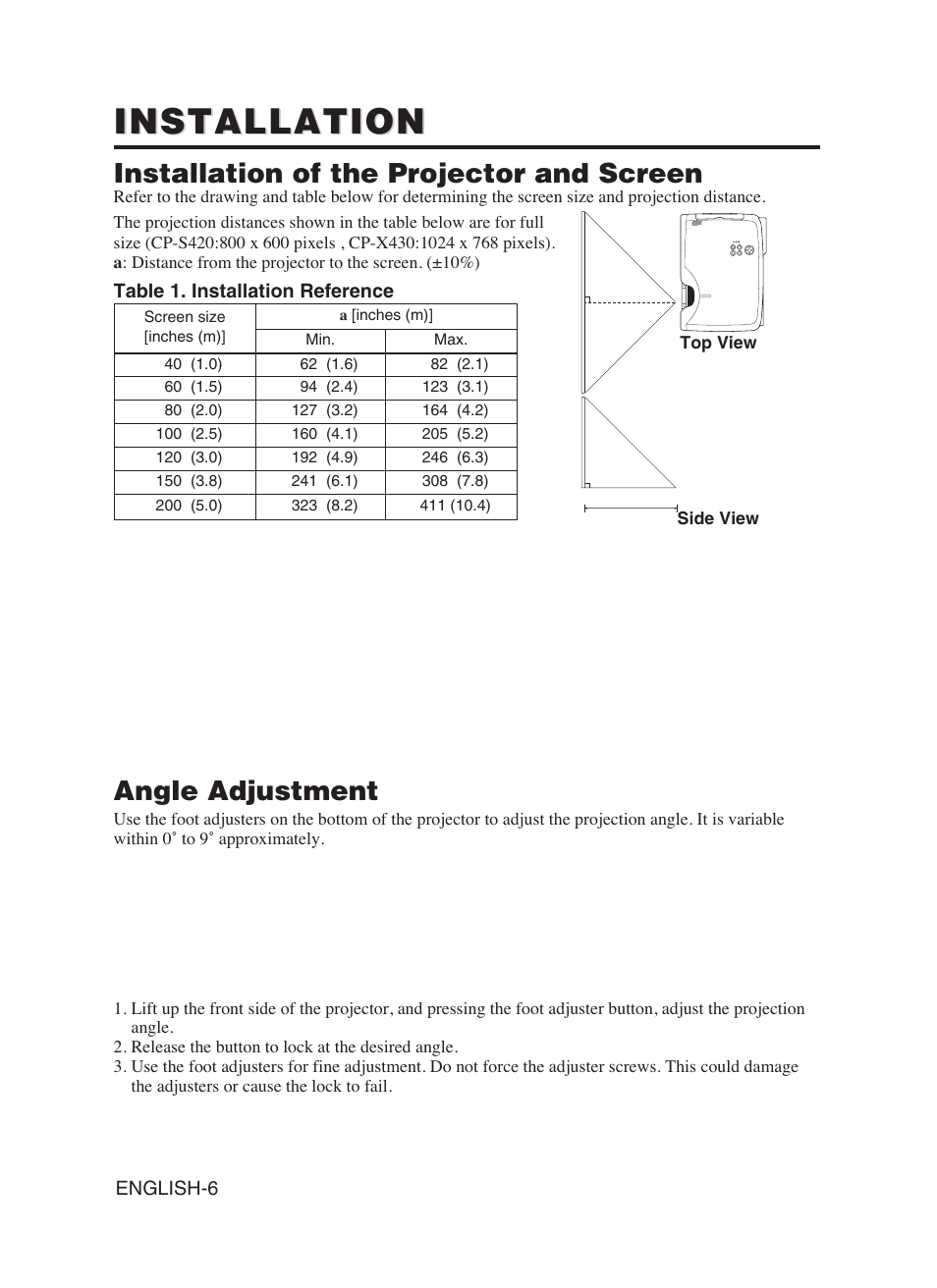 Installation, Installation of the projector and screen, Angle adjustment | Hitachi CP-S420WA User Manual | Page 7 / 39