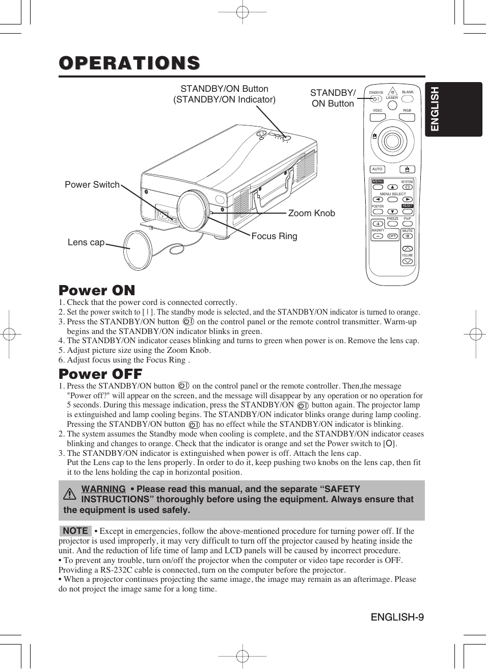 Operations, Power on, Power off | English-9 english english-9 | Hitachi CP-SX5600W User Manual | Page 10 / 40