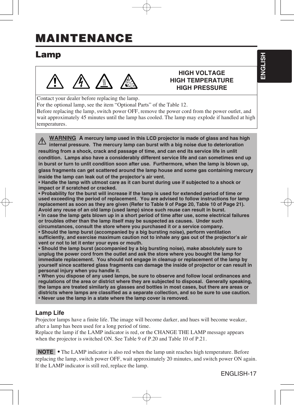 Maintenance, Lamp | Hitachi CP-SX5600W User Manual | Page 18 / 40