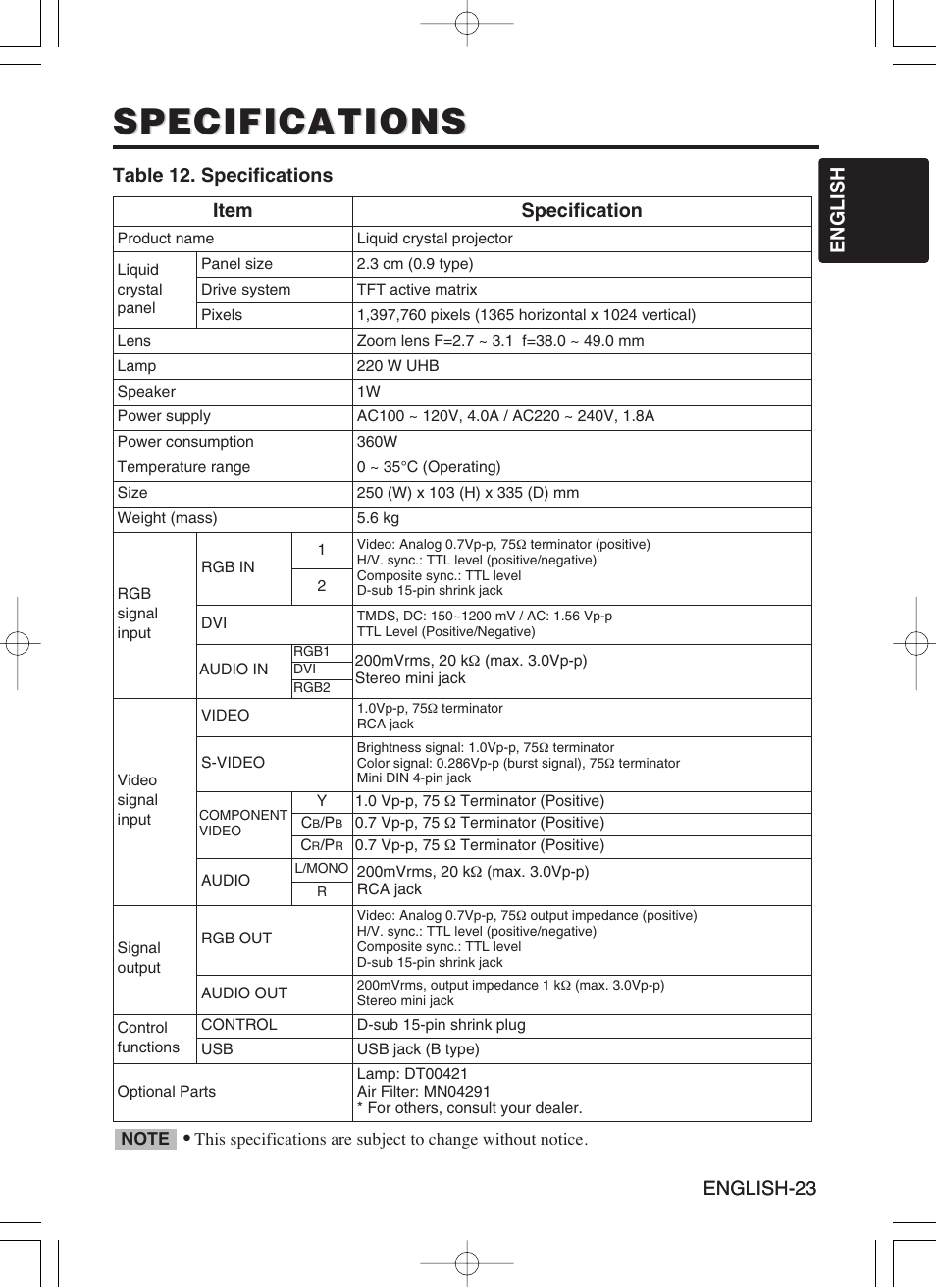 Specifications, English-23 english english-23, Table 12. specifications | Item specification | Hitachi CP-SX5600W User Manual | Page 24 / 40