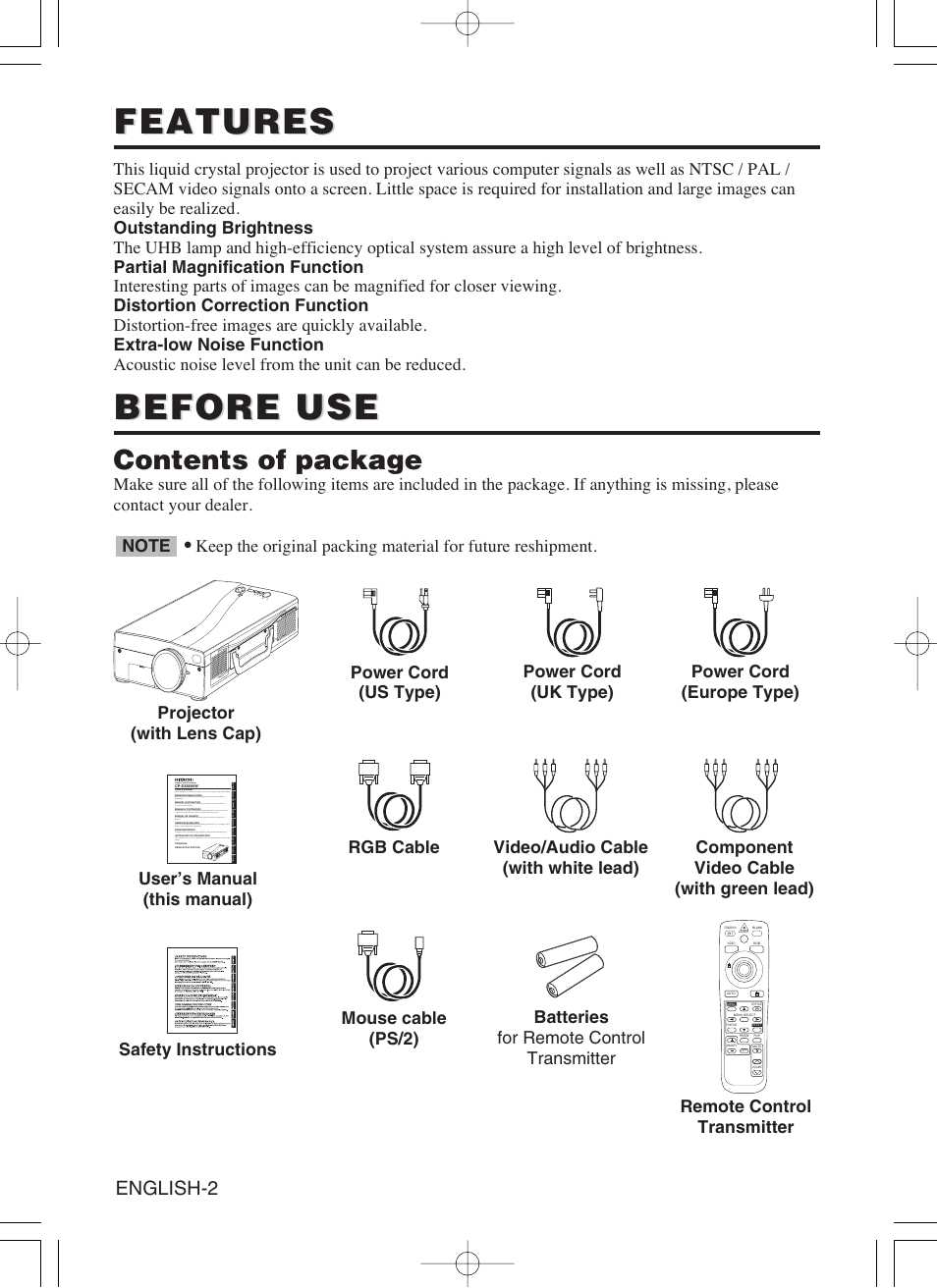 Features, Before use, Contents of package | English-2 | Hitachi CP-SX5600W User Manual | Page 3 / 40