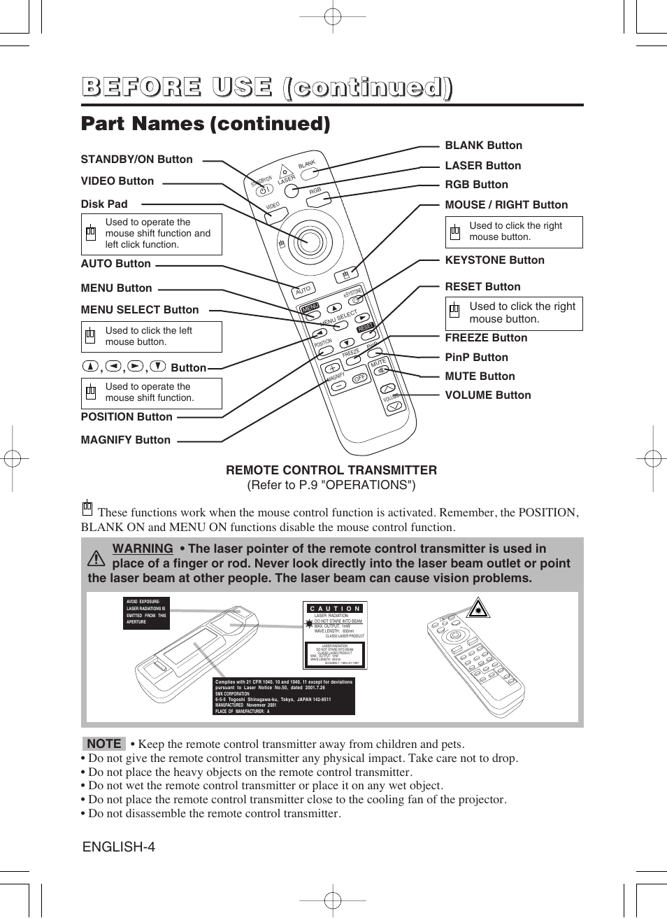 Part names (continued) | Hitachi CP-SX5600W User Manual | Page 5 / 40