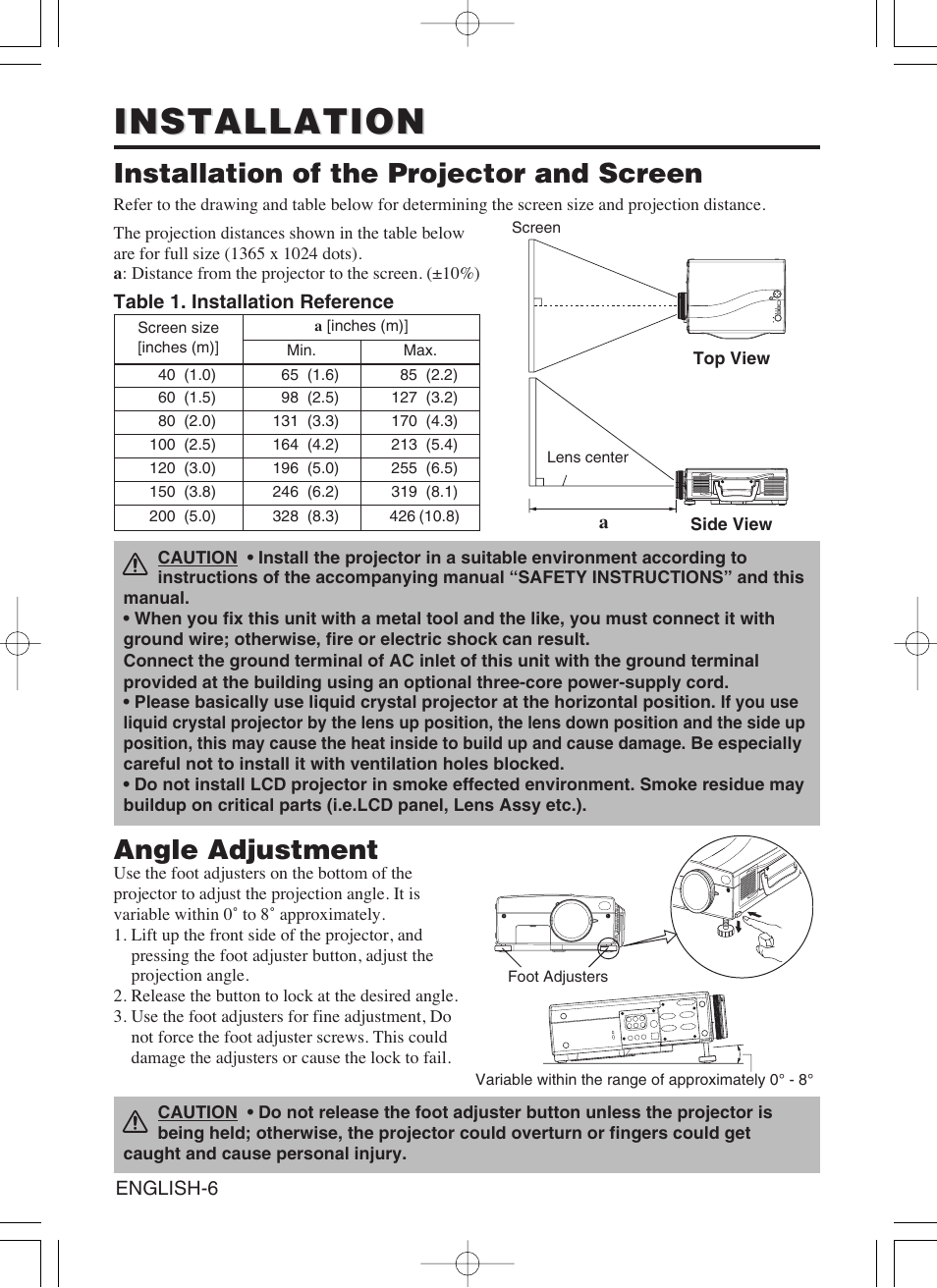 Installation, Installation of the projector and screen, Angle adjustment | Hitachi CP-SX5600W User Manual | Page 7 / 40