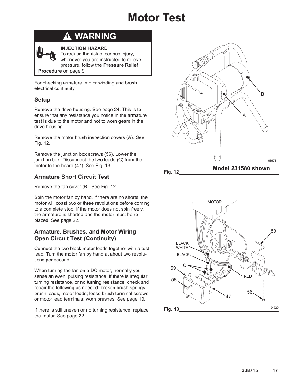 Motor test, Warning | Hitachi 231580 User Manual | Page 17 / 34