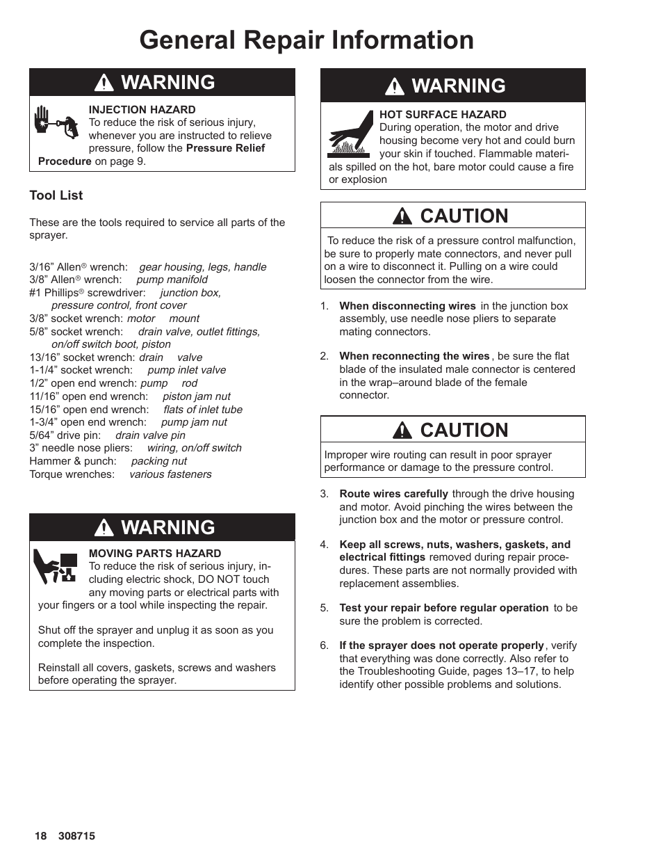 General repair information, Warning, Caution | Hitachi 231580 User Manual | Page 18 / 34