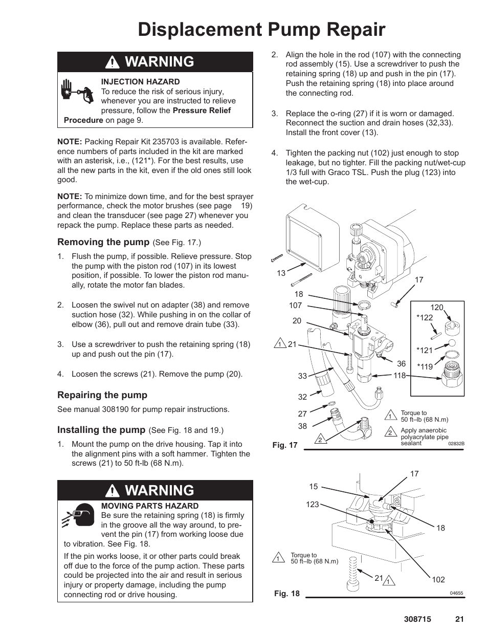 Displacement pump repair, Warning | Hitachi 231580 User Manual | Page 21 / 34