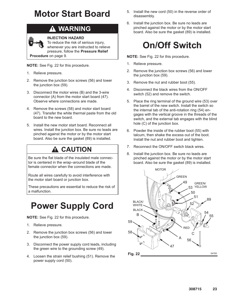Motor start board, Power supply cord, On/off switch | Warning, Caution | Hitachi 231580 User Manual | Page 23 / 34