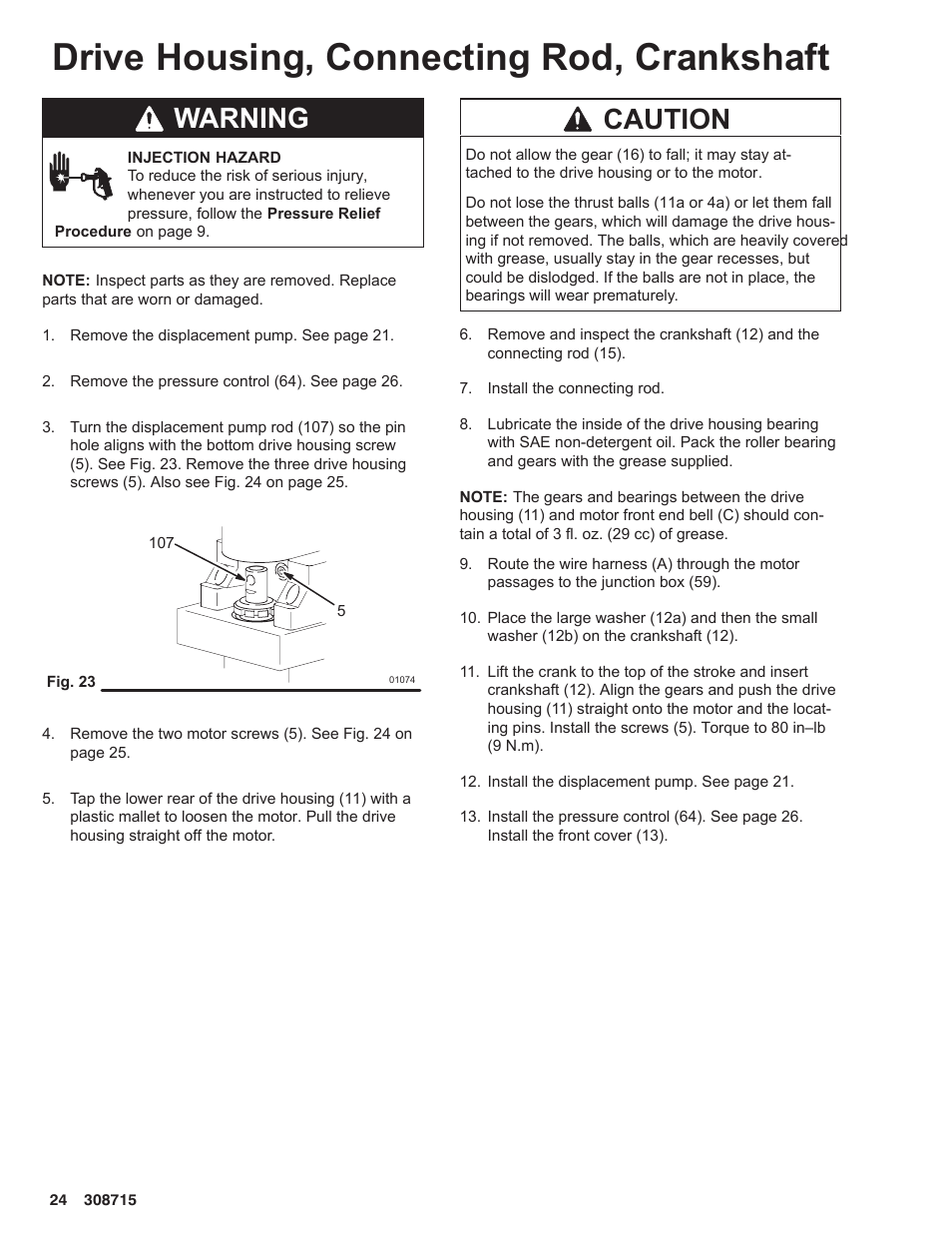 Drive housing, connecting rod, crankshaft, Warning, Caution | Hitachi 231580 User Manual | Page 24 / 34