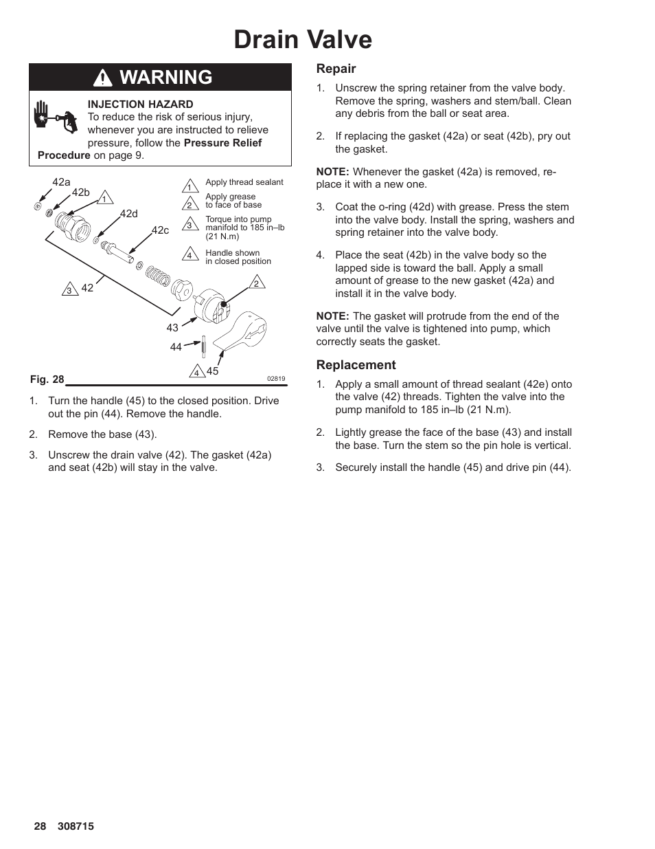 Drain valve, Warning | Hitachi 231580 User Manual | Page 28 / 34