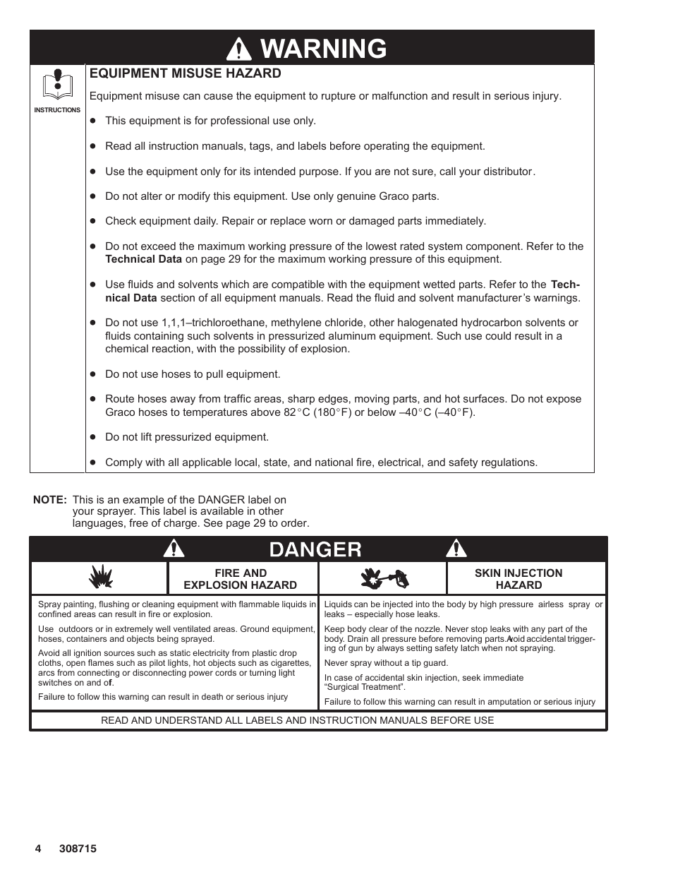 Warning, Equipment misuse hazard | Hitachi 231580 User Manual | Page 4 / 34