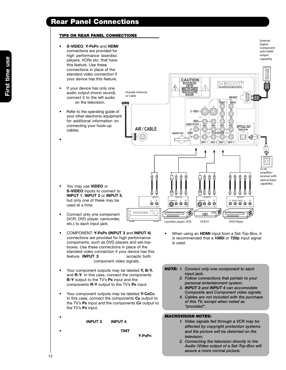 Rear panel connections, First time use, Air / cable | Mise en garde | Hitachi 65F59A User Manual | Page 12 / 75