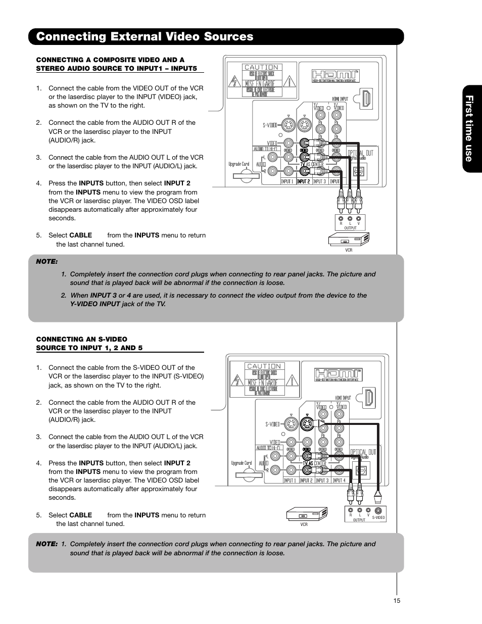 Connecting external video sources, First time use | Hitachi 65F59A User Manual | Page 15 / 75