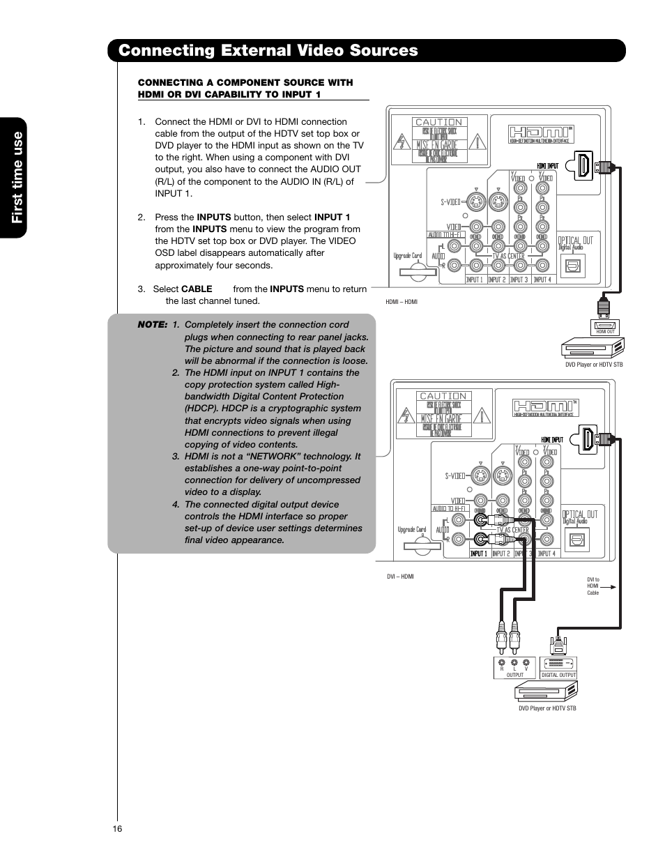 Connecting external video sources, First time use | Hitachi 65F59A User Manual | Page 16 / 75