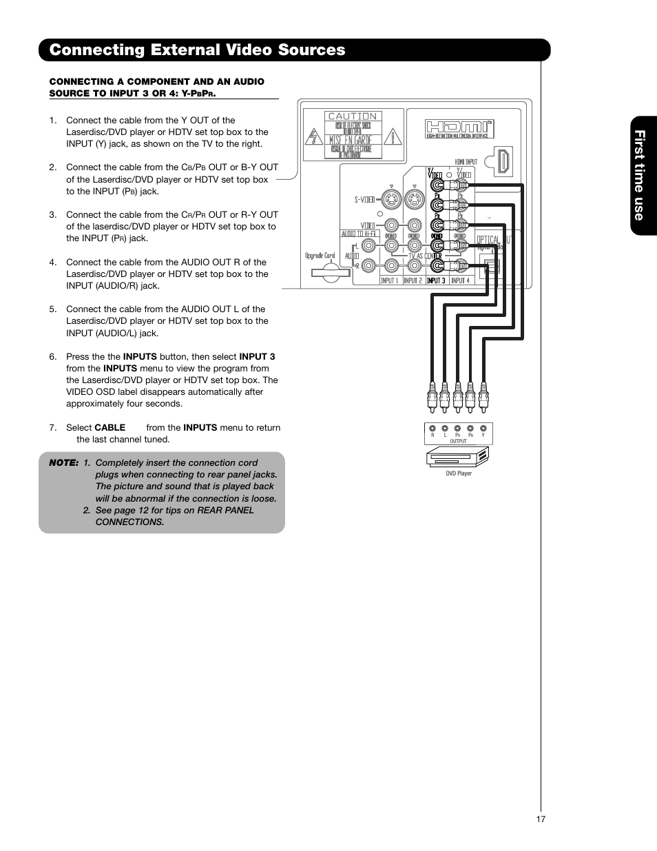 Connecting external video sources, First time use | Hitachi 65F59A User Manual | Page 17 / 75