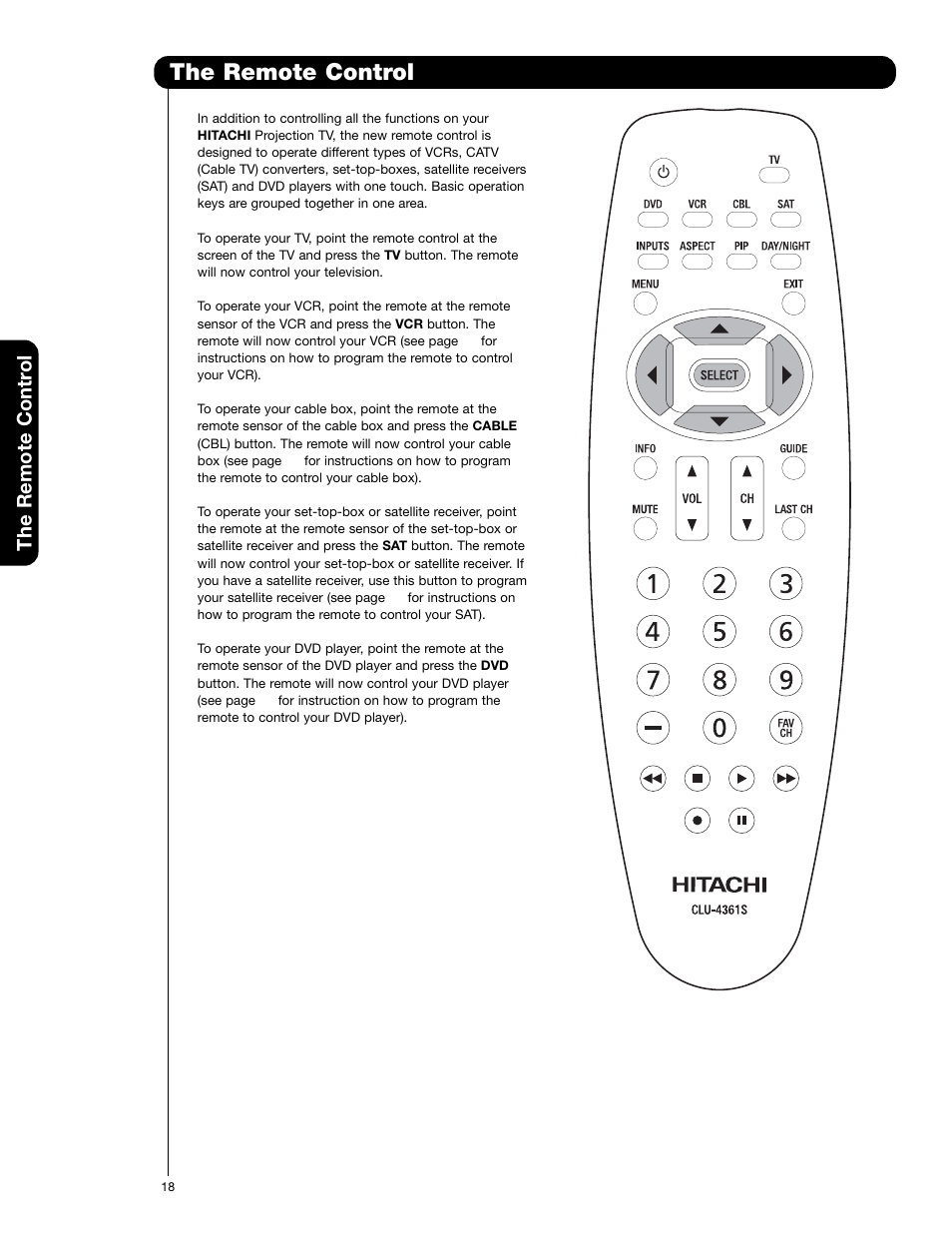 The remote control, The remote contr ol | Hitachi 65F59A User Manual | Page 18 / 75