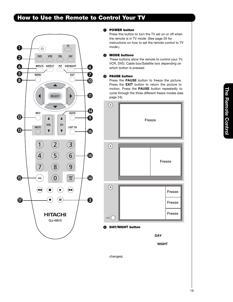 How to use the remote to control your tv | Hitachi 65F59A User Manual | Page 19 / 75