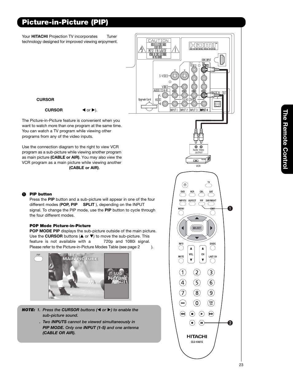 Picture-in-picture (pip), The remote contr ol | Hitachi 65F59A User Manual | Page 23 / 75